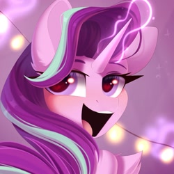 Size: 1503x1503 | Tagged: safe, artist:kebchach, imported from derpibooru, starlight glimmer, pony, unicorn, :d, blushing, bust, chest fluff, female, glowing, glowing horn, hair over one eye, heart, heart eyes, horn, looking at you, looking back, looking back at you, magic, magic aura, mare, open mouth, open smile, smiling, solo, wingding eyes