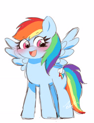 Size: 2491x3268 | Tagged: safe, artist:leo19969525, imported from derpibooru, rainbow dash, pegasus, pony, blushing, cute, dashabetes, g4, hair, happy, looking at you, mane, multicolored hair, open mouth, open smile, rainbow hair, rainbow tail, simple background, smiling, solo, spread wings, tail, white background, wings