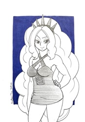 Size: 764x1100 | Tagged: safe, artist:brother-tico, imported from derpibooru, adagio dazzle, human, equestria girls, breasts, cleavage, clothes, dress, hand on hip, huevember, solo, traditional art