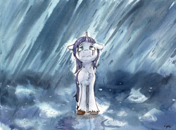 Size: 6319x4658 | Tagged: safe, artist:lightisanasshole, imported from derpibooru, rarity, pony, unicorn, absurd file size, crying, female, floppy ears, looking up, makeup, night, partially submerged, rain, running makeup, sad, simple background, solo, standing in water, tears of pain, unshorn fetlocks, water, wet, wet mane, wet mane rarity
