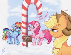 Size: 2083x1623 | Tagged: safe, artist:galaxy swirl, imported from derpibooru, applejack, pinkie pie, rainbow dash, earth pony, pegasus, pony, :s, applejack is not amused, candy, candy cane, food, heart, heart eyes, muffled words, rainbow dumb, sigh, sign, stupidity, tongue out, tongue stuck to pole, too dumb to live, trio, unamused, wavy mouth, wingding eyes