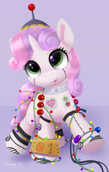 Size: 1500x2375 | Tagged: safe, artist:darksly, imported from derpibooru, sweetie belle, pony, robot, unicorn, :p, antenna, body writing, cap, christmas, christmas lights, clothes, costume, cute, darksly is trying to murder us, diasweetes, eye reflection, female, filly, foal, hat, heart, marker, purple background, reflection, robot costume, simple background, solo, spool, standing on two hooves, sweetie bot, tongue out, underhoof, weapons-grade cute, wires