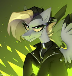 Size: 1900x2000 | Tagged: safe, artist:rtootb, imported from derpibooru, oc, oc only, oc:tlen borowski, pegasus, pony, angry, clothes, digital art, ear piercing, female, fire, jacket, leather, leather jacket, looking at you, pegasus oc, piercing, simple background, solo, wings