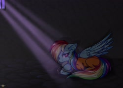 Size: 3500x2500 | Tagged: safe, artist:fluffywhirlpool, imported from derpibooru, rainbow dash, bound wings, cell, chains, clothes, commissioner:rainbowdash69, cuffed, cuffs, jail, jail cell, never doubt rainbowdash69's involvement, prison, prison outfit, prisoner, prisoner rd, sad, shackles, solo, wings