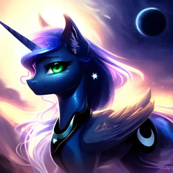 Size: 1024x1024 | Tagged: safe, imported from derpibooru, princess luna, alicorn, pony, ai content, ai generated, ear fluff, ears up, eyelashes, female, folded wings, generator:purplesmart.ai, generator:stable diffusion, green eyes, looking at you, mare, moon, night, night sky, profile, prompter:nightluna, sky, smiling, smiling at you, solo, watermark, wings