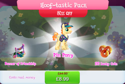 Size: 1266x857 | Tagged: safe, imported from derpibooru, fair trade, crystal pony, pony, banner, banner of friendship, book, bucktooth, bundle, bush, clothes, costs real money, english, gameloft, hat, male, my little pony: magic princess, numbers, official, pins, quill, sale, shirt, solo, solo focus, stallion, text, tree