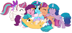 Size: 7115x3255 | Tagged: safe, alternate version, artist:ejlightning007arts, imported from derpibooru, hitch trailblazer, izzy moonbow, pipp petals, sunny starscout, zipp storm, earth pony, pegasus, pony, unicorn, spoiler:g5, spoiler:my little pony: make your mark chapter 2, spoiler:my little pony: tell your tale, absurd resolution, adorapipp, adorazipp, alternate new mane 6 (g5), base used, bracelet, confused, cute, eyes closed, female, flying, friendship bracelet, frown, g4, g5, g5 to g4, generation leap, grin, group, group hug, happy, hitchbetes, hug, izzybetes, jewelry, lying down, male, mare, misty brightdawn, misty joins the mane 5, mistybetes, my little pony: make your mark, my little pony: make your mark chapter 2, my little pony: tell your tale, open mouth, open smile, sextet, simple background, smiling, spread wings, stallion, sunnybetes, transparent background, vector, wall of tags, wings