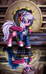 Size: 2750x4409 | Tagged: safe, artist:pridark, imported from derpibooru, oc, oc only, bat pony, pony, fallout equestria, armor, bat pony oc, commission, enclave, enclave armor, female, mare, pipbuck, puddle, reflection, vault