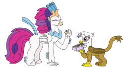 Size: 3264x1794 | Tagged: safe, artist:supahdonarudo, imported from derpibooru, gilda, queen novo, classical hippogriff, griffon, hippogriff, series:novoember, my little pony: the movie, eating, griffon scone, holding, redraw, simple background, transparent background, tray