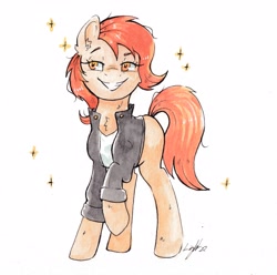 Size: 3339x3314 | Tagged: safe, artist:lightisanasshole, imported from derpibooru, oc, oc only, oc:phosphor flame, earth pony, pony, clothes, ear fluff, earth pony oc, female, grin, jacket, pose, raised eyebrow, raised hoof, simple background, smiling, smug, solo, sparkles, traditional art, watercolor painting, white background