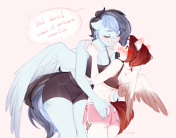 Size: 1599x1259 | Tagged: safe, artist:bylullabysoft, imported from derpibooru, oc, oc only, oc:icy snow, oc:ombre feather, anthro, pegasus, blushing, breasts, butt touch, cleavage, duo, ear blush, eyes closed, female, hand on butt, lesbian, oc x oc, pegasus oc, shipping, size difference, wings