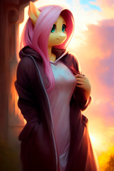 Size: 2048x3072 | Tagged: safe, edit, editor:dextermorgan, imported from derpibooru, fluttershy, anthro, ai content, ai generated, backlighting, clothes, cloud, female, generator:purplesmart.ai, generator:stable diffusion, hoodie, jacket, sky, smiling, solo