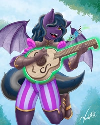 Size: 2480x3100 | Tagged: safe, artist:vandyart, imported from derpibooru, oc, oc only, anthro, bat pony, anthro oc, bard, bat pony oc, fantasy class, female, guitar, musical instrument, one eye closed, open mouth, singing, solo, wink