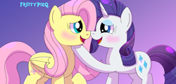 Size: 2259x1080 | Tagged: safe, artist:fruiitypieq, artist:shycookieq, imported from derpibooru, fluttershy, rarity, pegasus, pony, unicorn, blushing, duo, female, flarity, gradient background, hoof on chin, lesbian, looking at each other, looking at someone, looking into each others eyes, open mouth, open smile, shipping, smiling