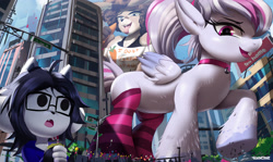 Size: 3500x2090 | Tagged: safe, artist:ichimoral, imported from derpibooru, oc, oc only, oc:windbreaker, anthro, pegasus, pony, temmie, building, carrot, city, clothes, crowd, female, food, furry, giant pony, glasses, high res, macro, mare, open mouth, pegasus oc, raised hoof, skyscraper, socks, striped socks, tongue out, undertale