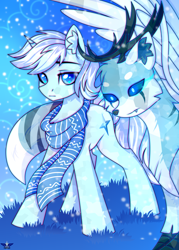 Size: 2500x3500 | Tagged: safe, artist:fluffywhirlpool, imported from derpibooru, oc, oc only, oc:christopher snowfall glitter, crystal pony, draconequus, pony, unicorn, blue eyes, chest fluff, clothes, commission, crystallized, draconequus oc, ear fluff, full body, grass, grass field, horn, looking at something, looking at you, male, scarf, sky, sky background, snow, snowfall, stallion, standing, the crystal empire 10th anniversary, unicorn oc, white mane, winter