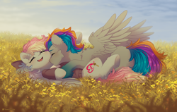 Size: 3500x2230 | Tagged: safe, artist:floweryoutoday, imported from derpibooru, oc, oc only, oc:blazey sketch, oc:pixel codec, pegasus, pony, blushing, bow, cheek fluff, clothes, commission, cuddling, detailed background, duo, duo male and female, ear fluff, eyes closed, female, giggling, gradient hooves, grey fur, hair bow, kissing, long hair, long tail, male, mare, multicolored hair, neck kiss, oc x oc, pegasus oc, shipping, short hair, smooch, spread wings, stallion, sweater, tail, wings