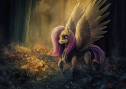 Size: 2000x1414 | Tagged: safe, artist:stdeadra, imported from derpibooru, fluttershy, pegasus, pony, armor, badass, female, flower, flutterbadass, forest, forest background, grass, light, looking at you, mare, outdoors, pink hair, raised hoof, solo, spread wings, three quarter view, wings