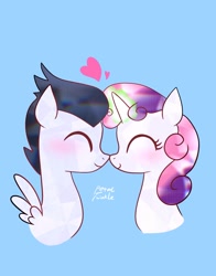 Size: 1074x1368 | Tagged: safe, artist:petaltwinkle, imported from derpibooru, rumble, sweetie belle, pegasus, pony, unicorn, blue background, blushing, colt, cute, duo, eyes closed, female, filly, foal, glowing, glowing horn, heart, horn, male, nuzzling, rumbelle, shipping, simple background, straight