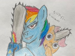Size: 2048x1512 | Tagged: safe, artist:sasutan1123, imported from derpibooru, rainbow dash, scootaloo, pegasus, pony, :p, anime, chainsaw, chainsaw man, crayon drawing, denji, duo, duo female, eyebrows, female, filly, foal, grin, mare, pochita, signature, smiling, tongue out, traditional art
