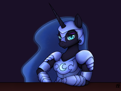 Size: 3000x2256 | Tagged: safe, artist:naen, imported from derpibooru, nightmare moon, alicorn, anthro, plantigrade anthro, armor, female, frown, high res, horn, looking at you, mare, nightmare moon is not amused, signature, solo, unamused, wingless, wingless anthro