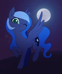 Size: 1024x1239 | Tagged: safe, artist:dusthiel, imported from derpibooru, princess luna, alicorn, pony, ethereal mane, looking at you, missing accessory, moon, night, novembrush, one eye closed, raised hoof, shooting star, solo, spread wings, starry mane, stars, tongue out, wings