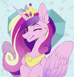 Size: 2000x2066 | Tagged: safe, artist:trickate, imported from derpibooru, princess cadance, alicorn, pony, cheek fluff, crown, cute, cutedance, ear fluff, eye clipping through hair, female, jewelry, looking at you, mare, one eye closed, regalia, smiling, smiling at you, wink, winking at you