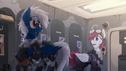Size: 1920x1080 | Tagged: safe, artist:willoillo, imported from derpibooru, oc, oc:avie, oc:trade wind, oc:ward, pegasus, pony, fallout equestria, camouflage, clothes, commission, enclave, fallout, fanfic art, grand pegasus enclave, military uniform, uniform