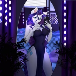 Size: 2048x2048 | Tagged: safe, artist:livitoza, imported from derpibooru, rarity, anthro, unicorn, breasts, busty rarity, clothes, dress, female, mirror, nail polish, phone, plants, selfie, sexy, side slit, solo, stupid sexy rarity