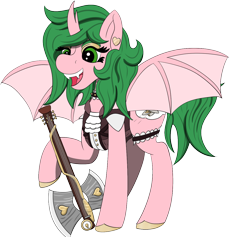 Size: 1264x1200 | Tagged: safe, artist:gray star, imported from derpibooru, oc, oc only, alicorn, bat pony, bat pony alicorn, hybrid, pony, axe, axe guitar, bat wings, battle axe, commission, fangs, frilly, horn, punk, simple background, solo, steampunk, transparent background, weapon, wings