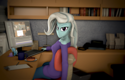 Size: 3372x2160 | Tagged: safe, artist:sfmaniaceq, imported from derpibooru, trixie, human, pony, equestria girls, 3d, angry, chair, clothes, computer mouse, desk, error, keyboard, meme, monitor, sitting, solo, source filmmaker