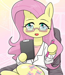 Size: 740x860 | Tagged: safe, alternate version, artist:batipin, imported from derpibooru, part of a set, fluttershy, pegasus, pony, semi-anthro, chair, clipboard, clothes, cute, doctor, female, glasses, hoof hold, lab coat, looking at you, mare, open mouth, pen, shyabetes, sitting, smiling, solo