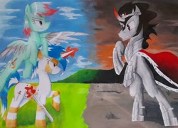 Size: 2447x1766 | Tagged: safe, artist:thecrimsonspark, imported from derpibooru, king sombra, oc, oc:murky silentium, oc:watercolor, monster pony, pegasus, unicorn, the crystal empire, angry, armor, black mane, blades, blue mane, coat markings, colored, colored horn, commission, commissioner:rautamiekka, crown, curved horn, ears up, equestria, eyelashes, eyes open, fangs, feathered wings, female, floating, floppy ears, green coat, green mane, hooves, horn, imminent fight, jewelry, magic, magic aura, male, mane, mare, no eyelashes, pegasus oc, pegasus wings, physique difference, ponytail, purple eyes, raised hoof, raised leg, rearing, red eyes, red mane, regalia, short mane, sky, smiling, smirk, sombra horn, sombra's cape, stallion, standing, stripes, sword, tail, tail band, teeth, telekinesis, the crystal empire 10th anniversary, traditional art, transformed, trio, two toned mane, two toned tail, unicorn oc, weapon, white coat, white mane, wings