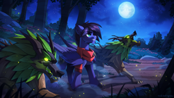 Size: 2600x1463 | Tagged: safe, artist:redchetgreen, imported from derpibooru, oc, oc only, oc:fenris ebonyglow, pegasus, pony, timber wolf, clothes, detailed background, full moon, moon, night, scarf