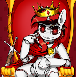 Size: 1334x1351 | Tagged: safe, artist:dacaoo, imported from derpibooru, oc, oc only, oc:blackjack, cyborg, pony, unicorn, fallout equestria, fallout equestria: project horizons, amputee, artificial hands, clothes, crown, cybernetic legs, fanfic art, horn, jewelry, level 1 (project horizons), regalia, small horn, solo, sword, throne, weapon