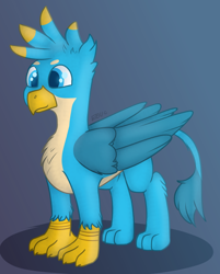 Size: 1242x1545 | Tagged: safe, artist:ebunix, imported from derpibooru, gallus, griffon, beak, chest fluff, claws, male, simple background, solo, standing, tail, wings