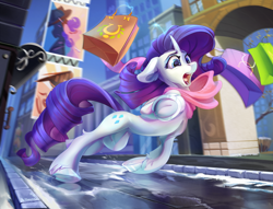 Size: 3500x2677 | Tagged: safe, artist:mithriss, imported from derpibooru, rarity, pony, unicorn, city, clothes, dynamic pose, falling, female, high res, ice, manehattan, mare, open mouth, outdoors, raised hoof, road, scared, scarf, shopping, slipping, snow, solo, this will end in tears