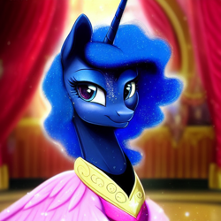 Size: 1024x1024 | Tagged: safe, derpibooru exclusive, editor:dovakkins, imported from derpibooru, princess luna, alicorn, pony, ai content, ai generated, alternate hairstyle, ballroom, beautiful, clothes, cute, dress, female, generator:stable diffusion, looking at you, mare, smiling, solo