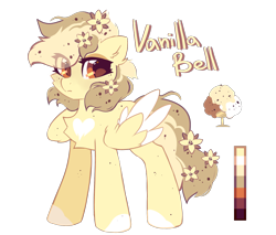 Size: 2000x1700 | Tagged: safe, artist:mirtash, imported from derpibooru, oc, oc only, oc:vanilla bell, pegasus, pony, chest fluff, color palette, cute, feather, female, flower, flower in hair, flower in tail, food, ice cream, mare, pegasus oc, reference sheet, simple background, solo, tail, transparent background, vanilla