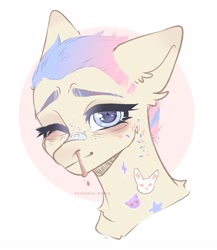 Size: 2600x3000 | Tagged: safe, artist:avroras_world, imported from derpibooru, oc, oc only, earth pony, pony, bandaid, bandaid on nose, blood, bust, ear fluff, earth pony oc, freckles, nosebleed, one eye closed, simple background, solo, tattoo, white background, wink