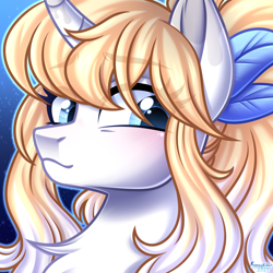 Size: 3000x3000 | Tagged: safe, artist:kannakiller, imported from derpibooru, oc, oc only, oc:scarlett holmes, pony, unicorn, blushing, chest fluff, commission, digital art, feather, female, horn, icon, looking at you, mare, simple background, solo, tail