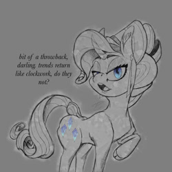 Size: 1216x1216 | Tagged: safe, artist:dant, imported from derpibooru, rarity, crystal pony, unicorn, alternate hairstyle, cloven hooves, curved horn, ear fluff, eyebrows, eyelashes, glowing, gray background, horn, looking at you, monochrome, open mouth, partial color, raised hoof, simple background, solo, talking to viewer, teeth, text, the crystal empire 10th anniversary