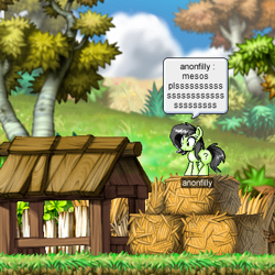 Size: 400x400 | Tagged: safe, artist:yidwags, imported from derpibooru, oc, oc only, oc:filly anon, dialogue, female, filly, hay bale, maplestory, pixel art, png, speech bubble, tree