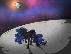 Size: 512x384 | Tagged: safe, artist:binibean, imported from derpibooru, nightmare moon, alicorn, pony, banishment, earth, female, moon, solo