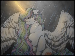 Size: 512x384 | Tagged: safe, artist:binibean, imported from derpibooru, princess celestia, alicorn, pony, female, glowing, glowing horn, horn, rain, solo