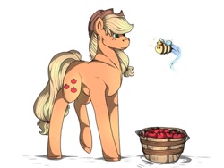 Size: 512x384 | Tagged: safe, artist:binibean, imported from derpibooru, applejack, bee, earth pony, insect, pony, apple, female, food, queen bee, simple background, solo, white background