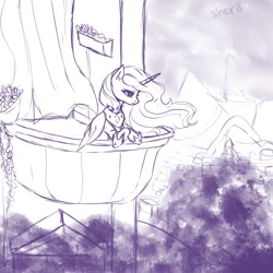 Size: 1024x1024 | Tagged: safe, artist:polyblank, imported from derpibooru, princess celestia, alicorn, pony, balcony, city, monochrome, sketch, solo