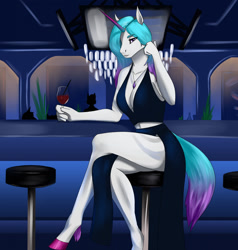 Size: 1219x1280 | Tagged: safe, artist:hella_noided, imported from derpibooru, oc, oc only, anthro, unguligrade anthro, unicorn, absolute cleavage, alcohol, bar, black dress, breasts, cleavage, clothes, colored hooves, colored horn, crossed legs, dress, female, glass, hair over one eye, horn, jewelry, looking at you, midriff, necklace, public, solo, tail, thighs, two toned hair, two toned tail, unicorn oc, wine, wine glass