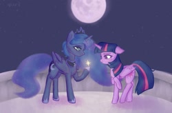 Size: 1024x670 | Tagged: safe, artist:polyblank, imported from derpibooru, princess luna, twilight sparkle, alicorn, pony, balcony, duo, floppy ears, moon, night, stars, twilight sparkle (alicorn)