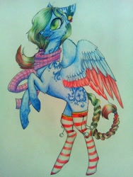 Size: 1224x1632 | Tagged: safe, artist:avroras_world, imported from derpibooru, oc, oc only, pegasus, pony, clothes, colored wings, hair over one eye, pegasus oc, rearing, scarf, smiling, socks, solo, striped socks, traditional art, two toned wings, wings